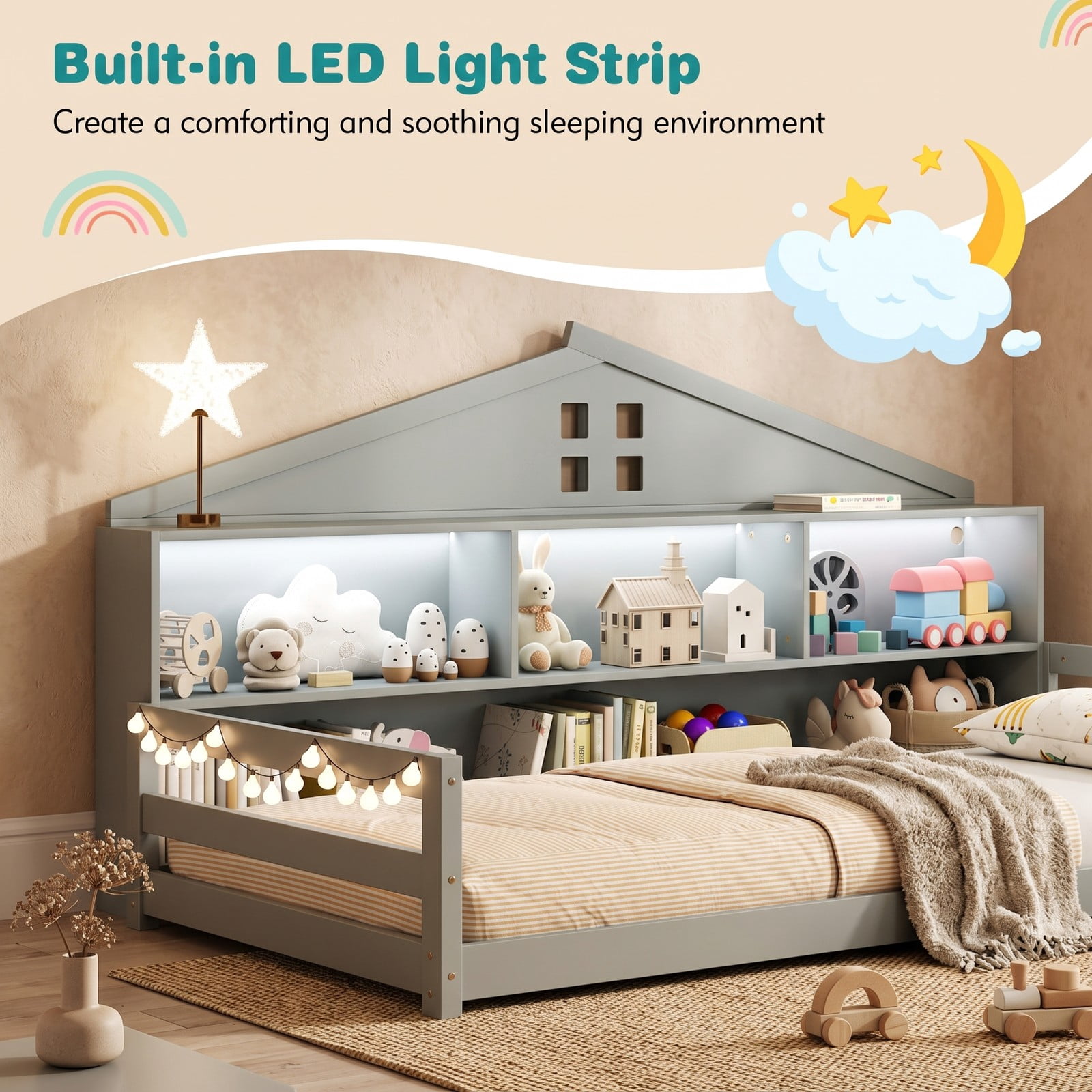Furnibear Full Size Bed Frame Montessori Floor Bed for Kids, House Bed with Storage Headboard Guardrails and LED Lights, Full Bed Frame, Gray