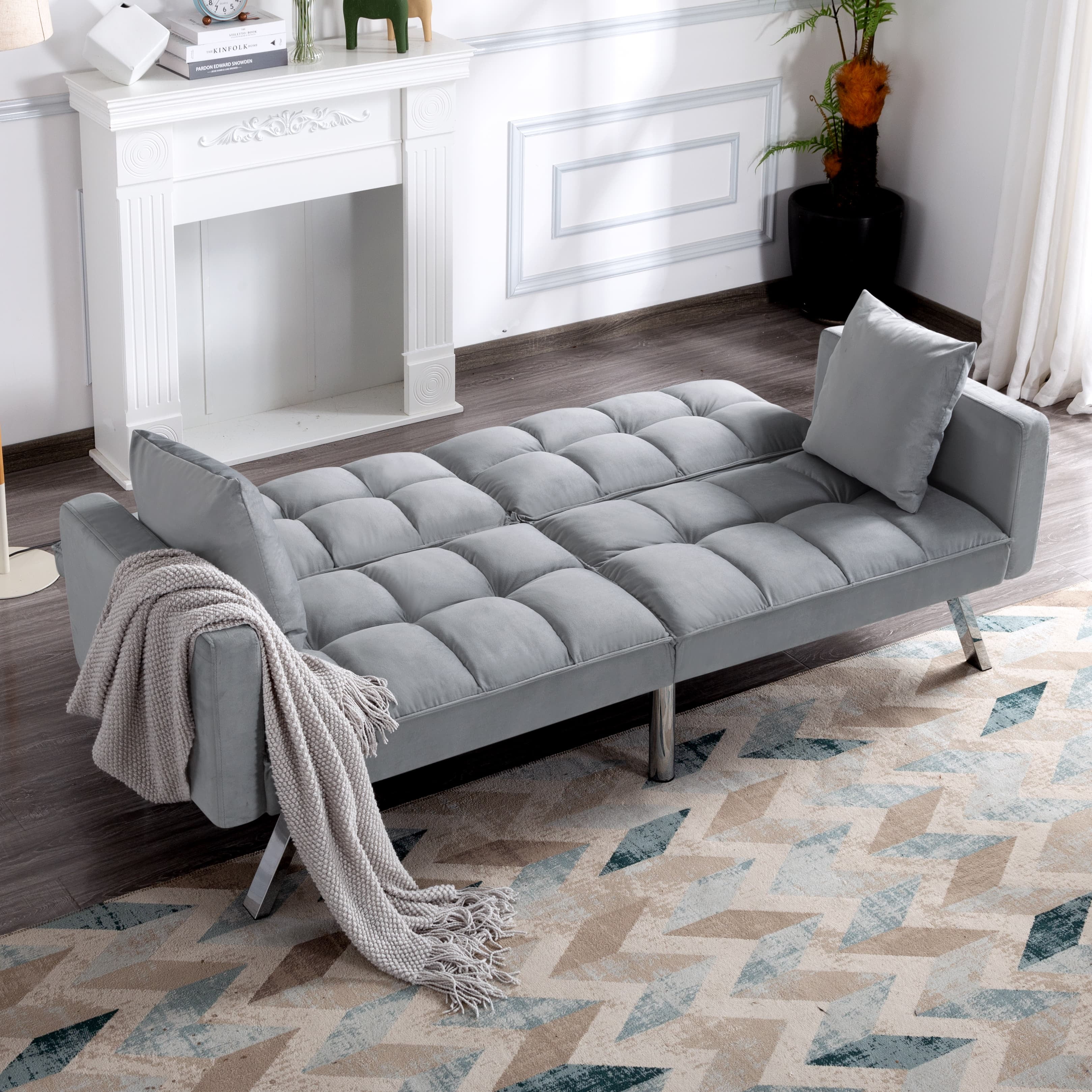 BSHTI Velvet Futon Sofa Bed 74” Convertible Sleeper – Split-Back 3-Position Adjustable, Solid Wood Frame, 2 Pillows, Easy Assembly, for Living Room Office Guest Room, Gray