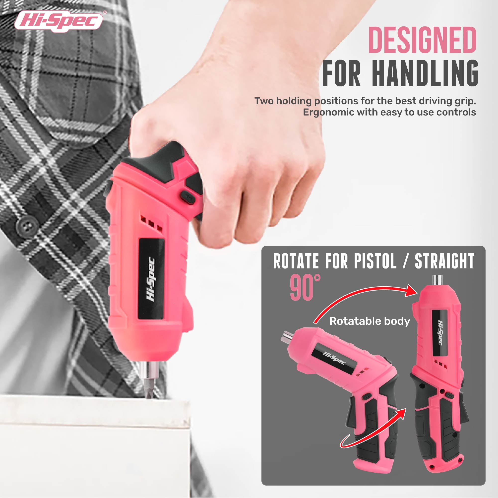 Hi-Spec 42pc Pink 4V USB Electric Power Driver & Household Womens Tool Kit. Cordless Power Screwdriver and Hand Tools in a Compact Box Case