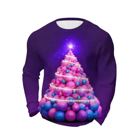 Bzhegqhd Mens Sweatshirts Christmas Print Waffle Knit Long Sleeve Shirt Holiday theme Round Neck Casual Top Festive Graphic Pullover Soft Breathable Tee