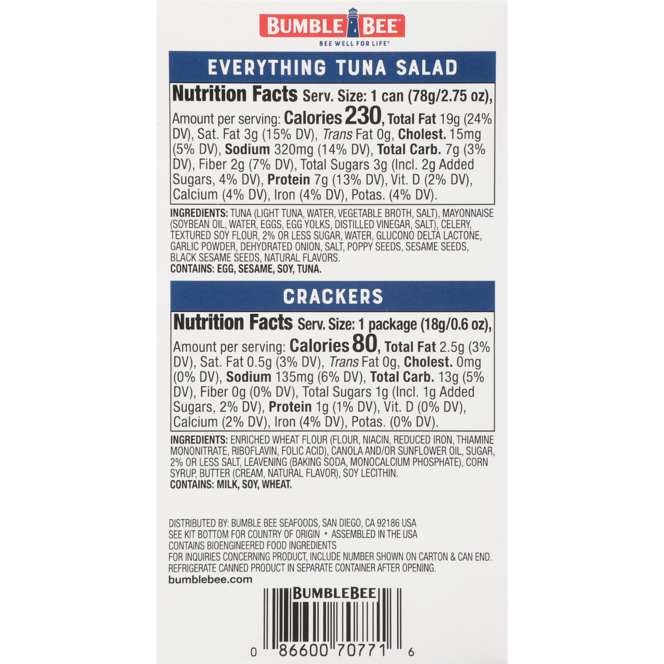 (4 pack) Bumble Bee Snack on The Run Everything Bagel Seasoned Tuna Salad with Crackers Kit, Wild Caught, Ready to Eat, Shelf Stable Box, 3.35oz
