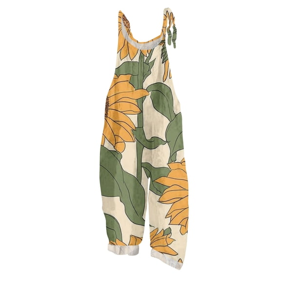 JULMCOMO Cotton Linen Jumpsuits for Women Pull On Floral Print Scoop Neck Comfy Loose Fit Rompers Tie Strap Vintage Casual Summer Overalls Cyan L