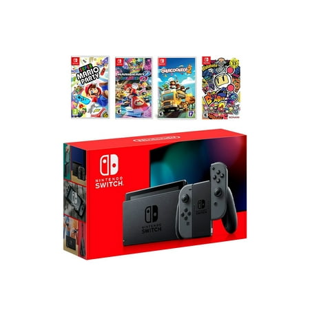 2019 New Nintendo Switch Gray Joy-Con Console Multiplayer Party Game Bundle, Super Mario Party, Mario Kart 8 Deluxe, Overcooked 2, Super Bomberman R