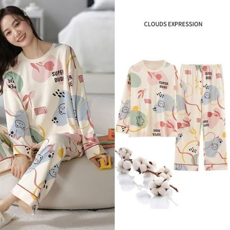 

QWZNDZGR Spring Autumn New 100%Cotton Elegant Women s Pajama Sets Pyjamas Cartoon Print Sleepwear Long Pijama Mujer Nightsuit Home Lounge