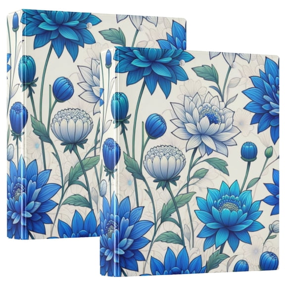 Flowers and Floral Blue 3 Ring Binders 1.5 inch Hardcover File Folders with Interior Pockets A4 Size Organizer for School Office Hospital