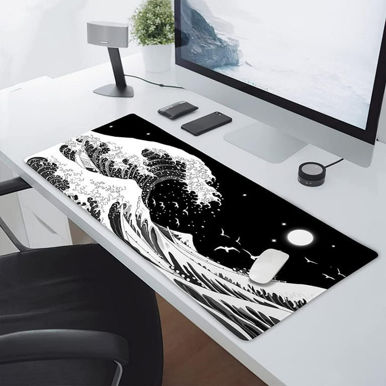 Japanese Wave Mouse Pad Black White Sea Aesthetic Moon Extended Desk Mat  Non-Slip Rubber Base with Stitched Edge Large Playmat for Gaming Laptop  Computer,35.4×15.7 in 