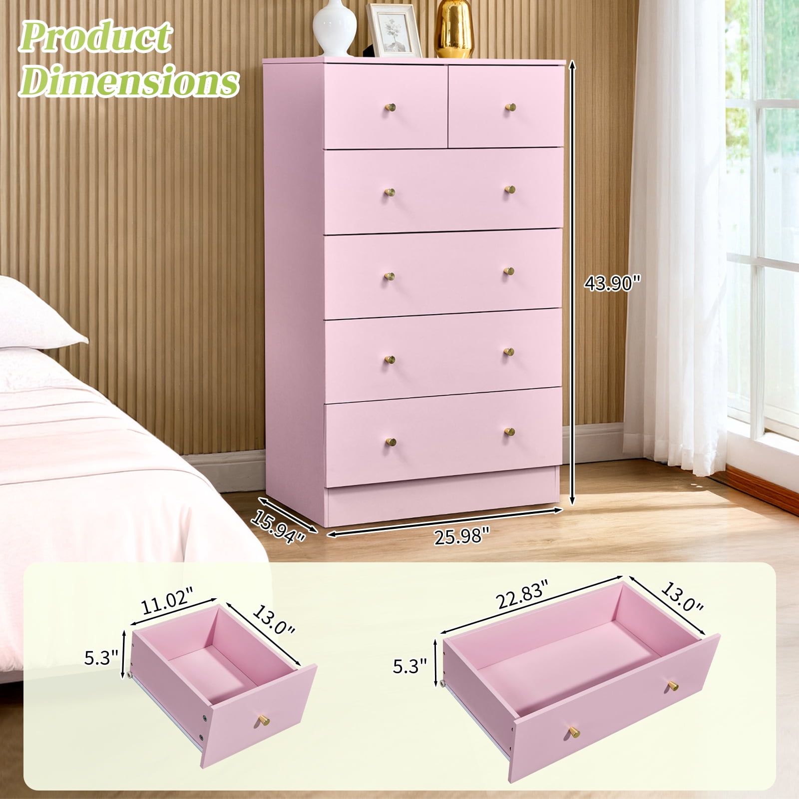 Ktaxon Large 6 Drawers Dresser Chests for Bedroom, Wood Chset of Drawers,Dressers Organizer for Bedroom, Living Room,Hallway, Pink