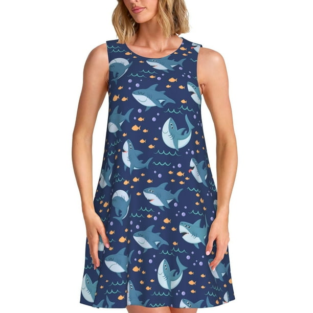 Disketp Cartoon Sharks2 para Vestido sin Mangas para Mujeres, Vestidos de Verano para Mujeres, Casual y Holgado para la Playa