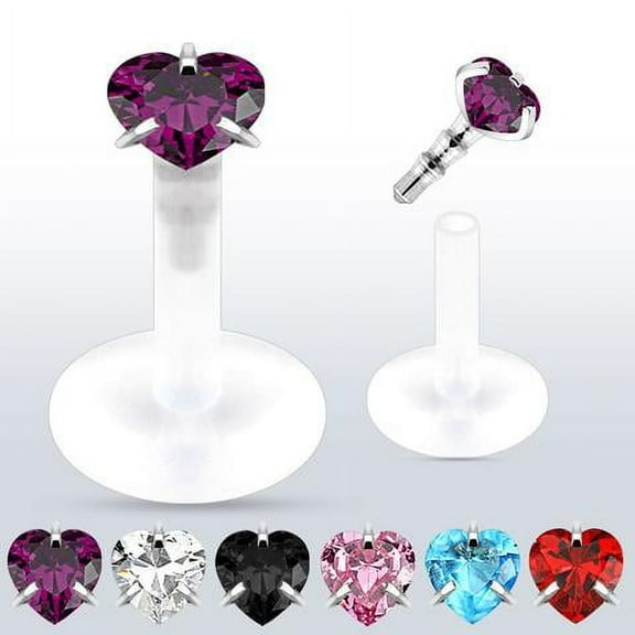 Crystal Heart Prong Bio-Flex Lip Ring/Tragus/Cartilage/Conch/Helix Flat Back 16G (1.2mm) (Black Heart) (B/4/5)
