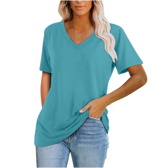 Bigersell Summer Tops for Women 2023 Fashion Women's Summer V-Neck Solid Short Sleeve Casual Tops Blouse Women's Plus Swing V-Neck Short Sleeve Tunic Shirts Style B52619, Sky Blue S