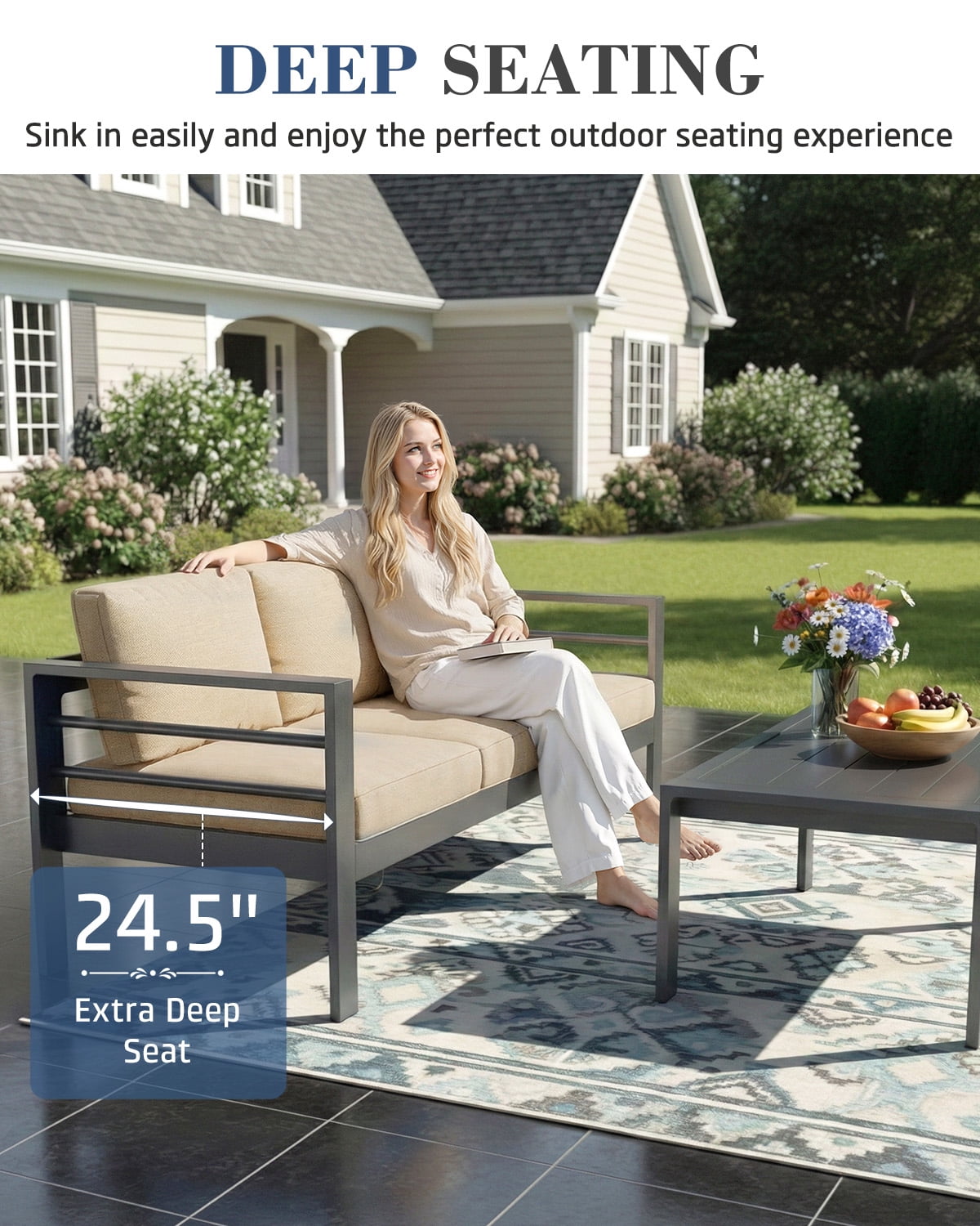 AECOJOY Patio Furniture Set Clearance, 4 Pieces Sectional Outdoor Sofa Chairs, All Weather PE Garden Wicker Rattan Patio Seating Sofas with Cushion, 5 Pillows(Beige)
