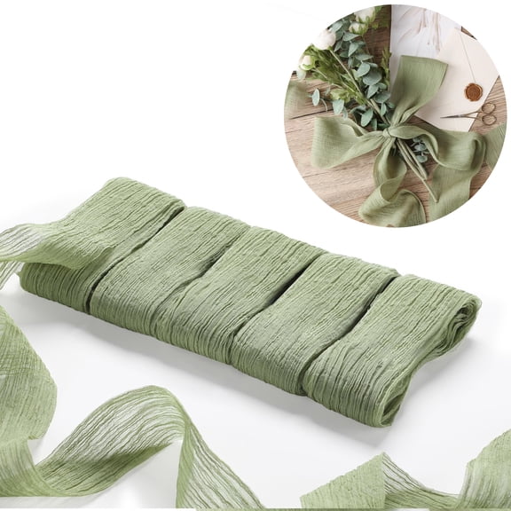 5‑Pack Sage Green Lace Chiffon Crinkle Ribbon, 1.5in x 200 in, Decorative Fabric Ribbon for Crafts, Bouquets, Gift Wrapping, Wedding & Home Decor