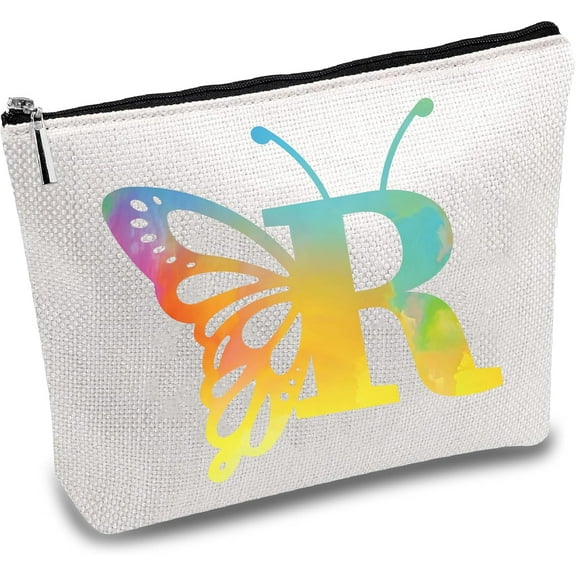 Letter R Makeup Bag Butterfly Canvas Cosmetic Bag Multi Purpose Zipper Toiletry Travel Bag Case Purse Pouches Portable Survival Kit for Women Friend Teacher Birthday Gift 10x7Inch