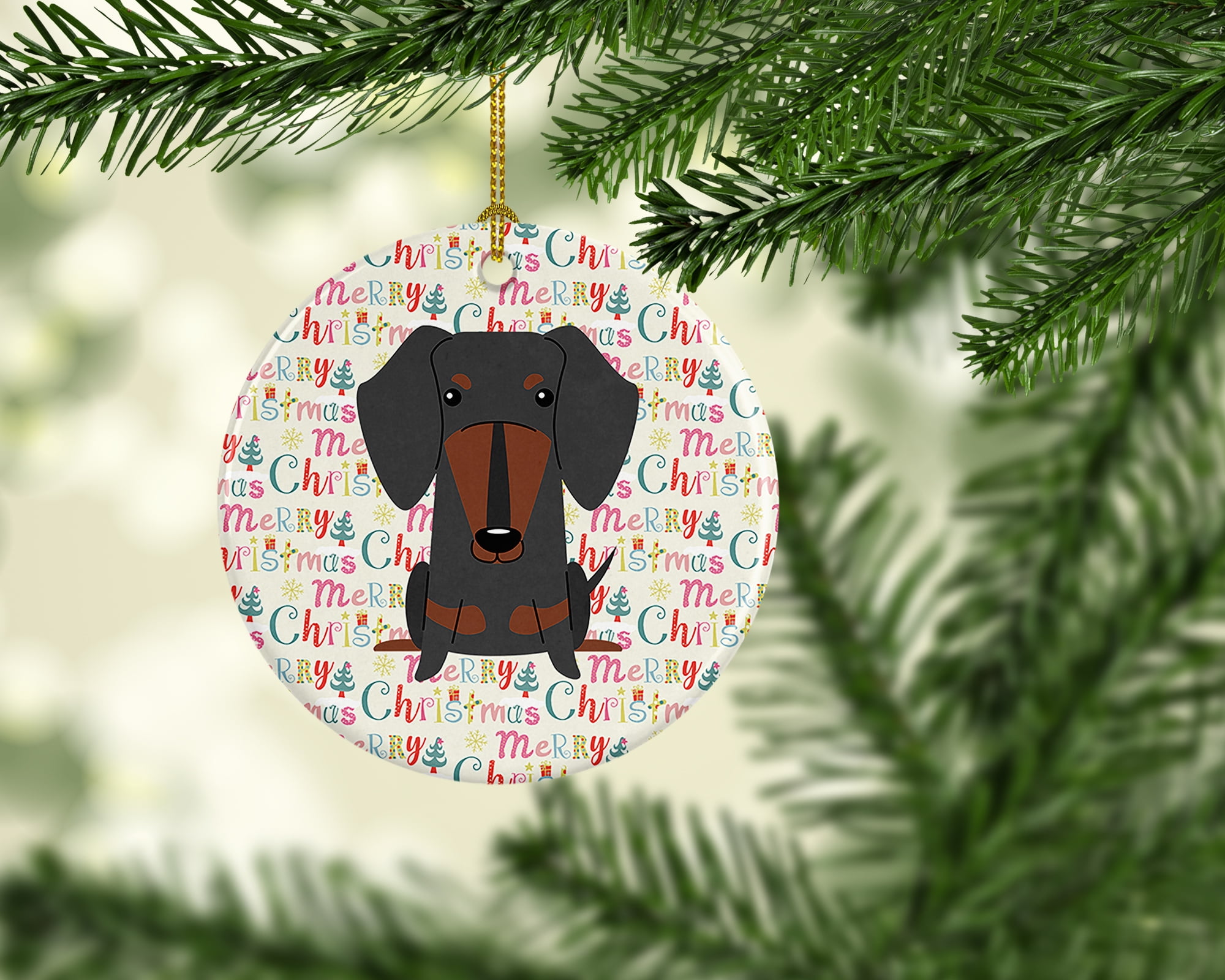 Merry Christmas Dachshund Black Tan Ceramic Ornament 2.8 in x 2.8 in