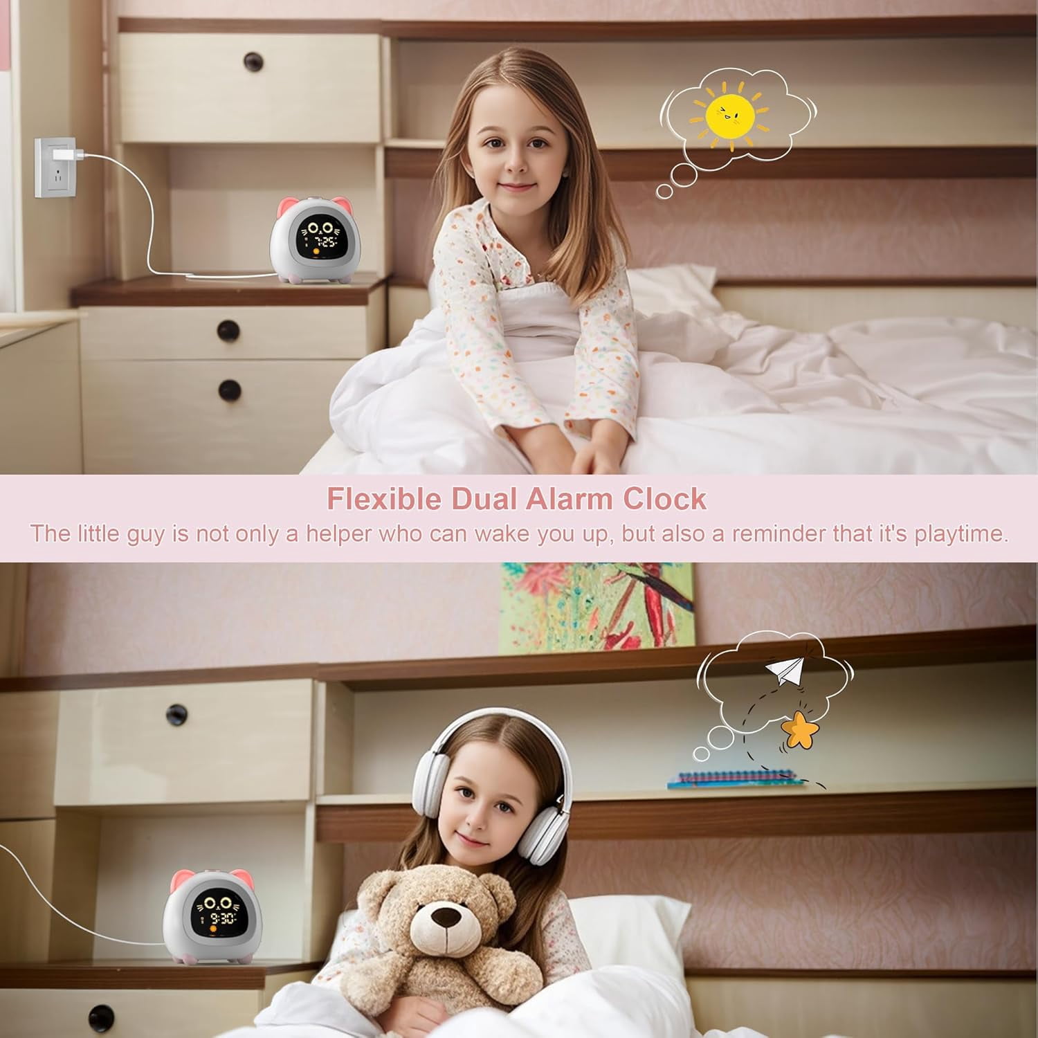 Sailstar Kids Alarm Clock with OK to Wake Light, Sleep Trainer and Dual Alarm, Pink Cat Design