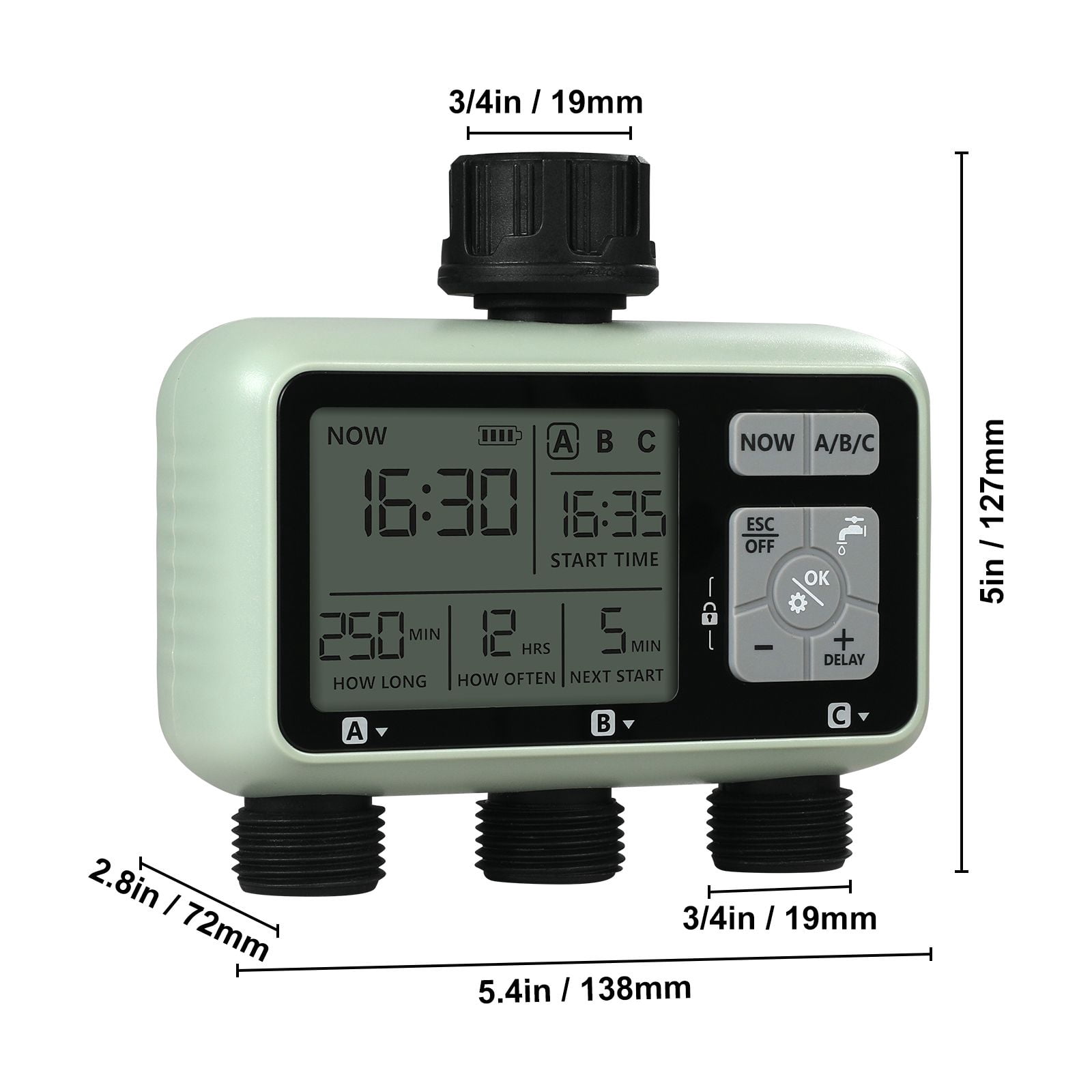 3-Zone Sprinkler Water Timer with Independent A/B/C Outlets, Programmable Separate Schedules per Zone, Automatic Irrigation Controller for Garden Lawn