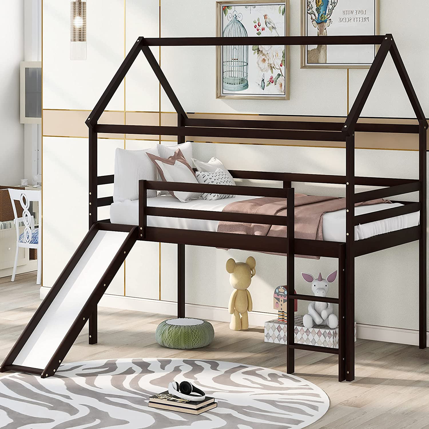 Twin Size Loft Bed With Slide House, Princess Loft Bed With Slide Instructions