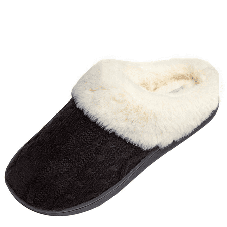

Womens House Slippers Knit Memory Foam Slipper Faux Fur Slip on Bedroom Slipper Indoor Outdoor Black Size 5-5.5
