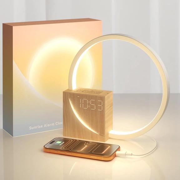 Sunrise Alarm Clock for Heavy Sleepers Adults, 10 White Noise Sound Machine with 30/60/90 Timer, Touch Dimmable Light with USB Charger Port,Wood Grain