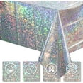 thumbnail image 3 of 6 Pack New Iridescent Silver Tablecloth Party Decorations, Holographic Silver Glitter Plastic Tablecloth, Disposable Laser Rectangle Table Cover for Disco Birthday 70s Theme Party Decorations, 54x108, 3 of 14