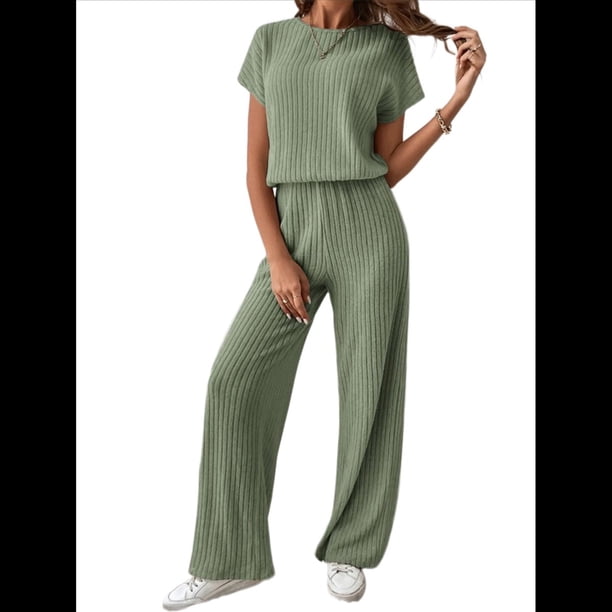 Traje Informal de Dos Piezas para Mujer, para Viajes y Vacaciones de Verano, con Corta y Pantalones Anchos. Verde M