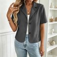 thumbnail image 2 of FRSASU Women's Business Casual Cropped Blazer Lapel Collar Short Sleeve Open Front Button Down Suit Jacket Work office Blazer Dark Gray, 2 of 9