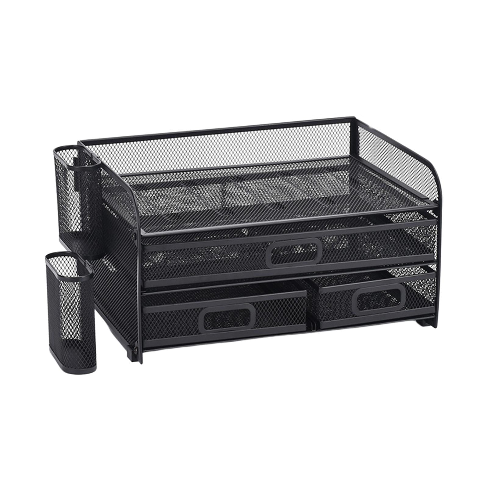 Desk Organizer File Holder Mesh Desktop File Sorter Organizer Office Accessories Organization Metal Folding Document File Tray Rack Desktop with Pencil Holders