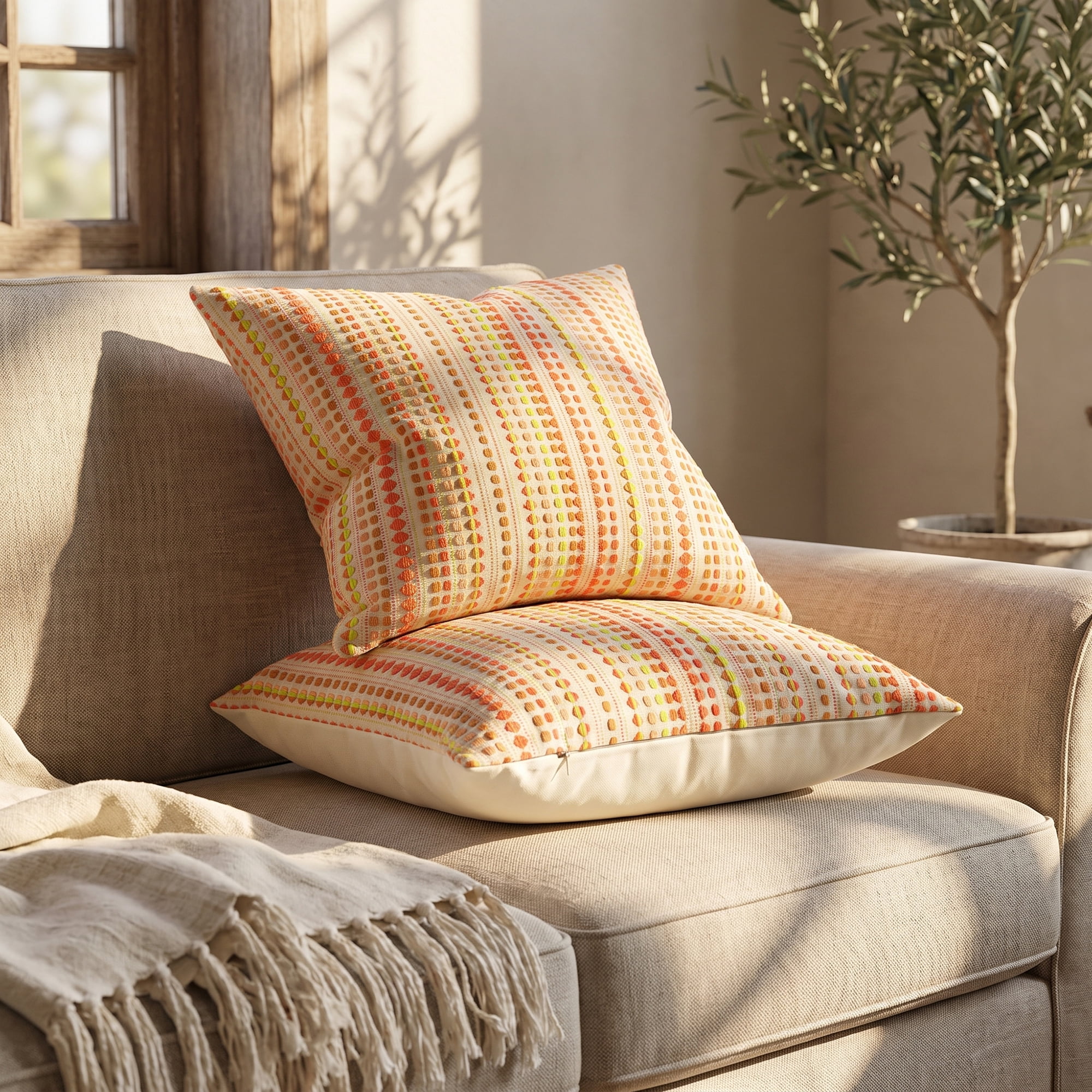 Unique Bargains Chenille Geometric Throw Pillow Covers 2 Pc Striped Cases Yellow 16"x16"