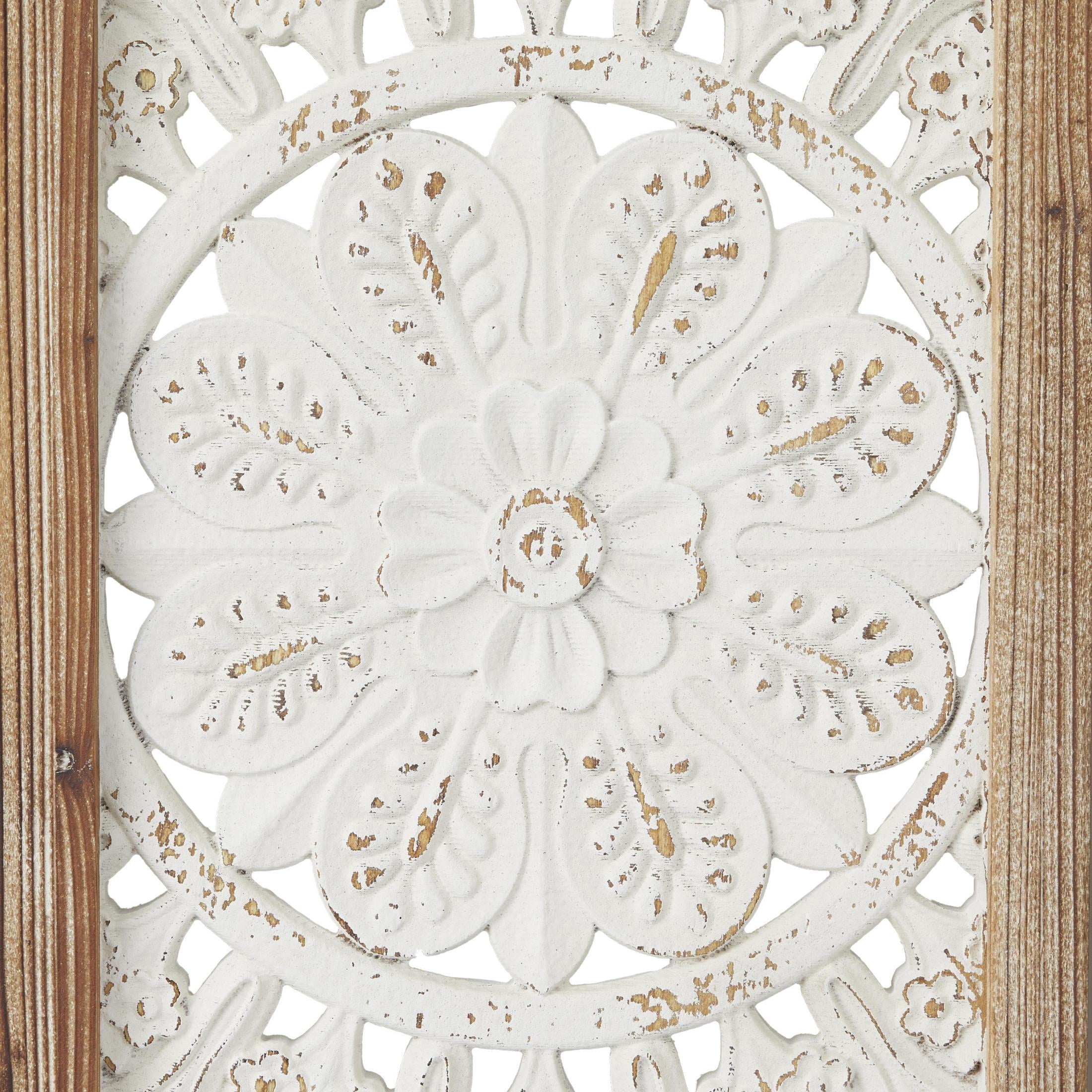 DecMode White Wood Intricately Carved Floral Wall Decor with Mandala Design (3 Count)