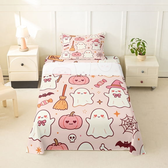 Homewish Kawaii Bowknot Ghost Twin Sheets,Halloween Pumpkin Bat Web Bedding, 3pcs, 1 Flat Sheet, 1 Fitted Sheet and 1 Pillowcase