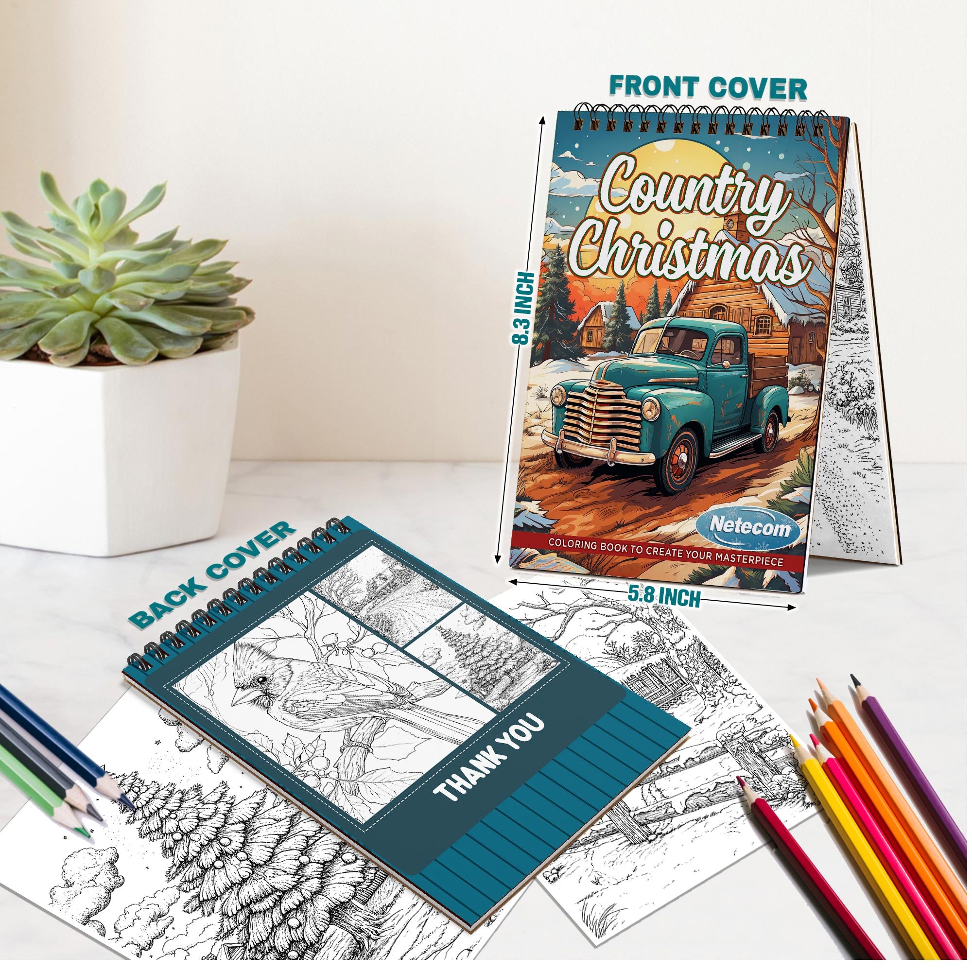 Netecom Country Christmas Coloring Book Spiral Bound for Adults, A5 Wooden Cover, 30 Stunning Coloring Pages of Winter Landscapes for Stress Relief and Relaxation