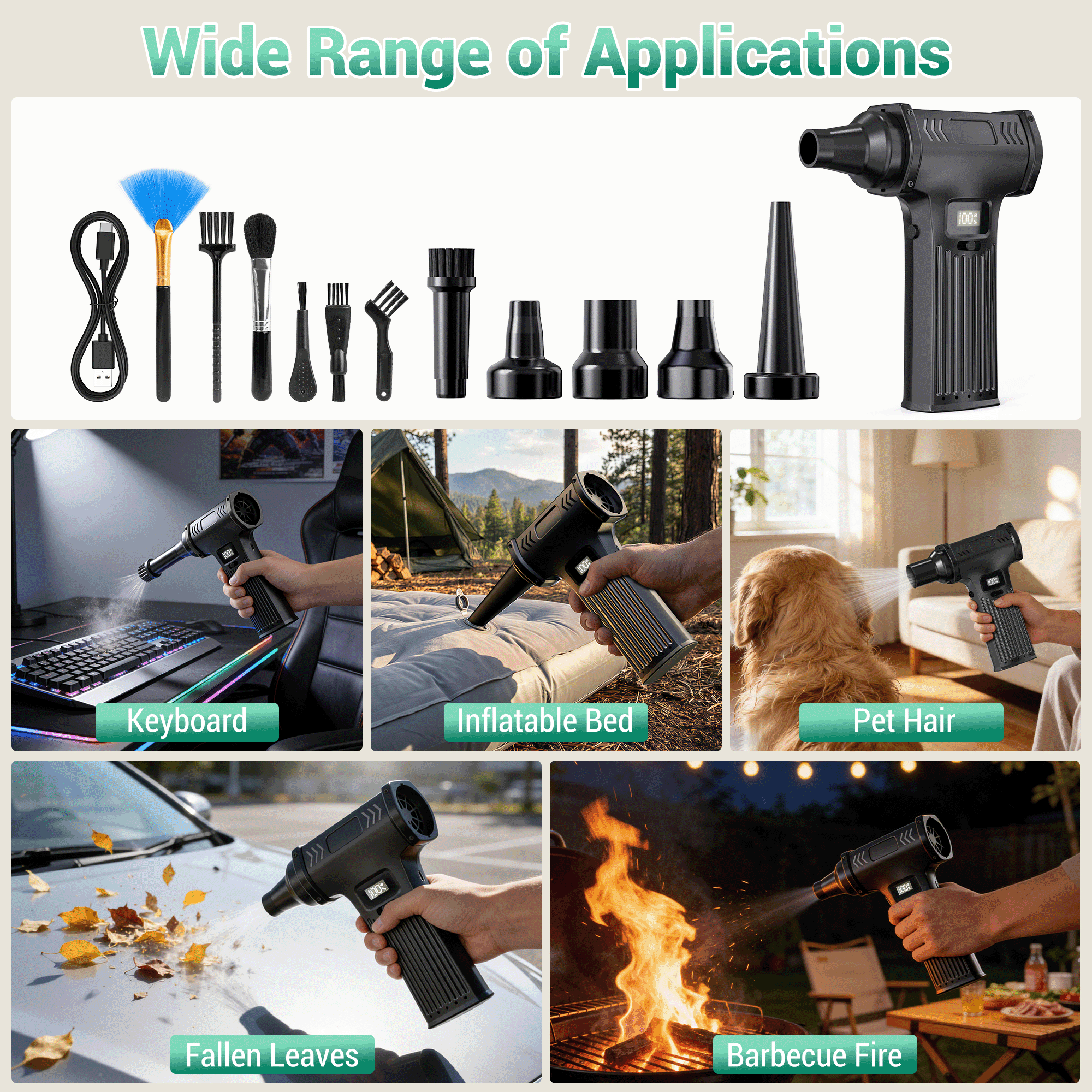 NIGHTEEN Compressed Air Duster,150000 RPM Cordless Electric Air Duster for Computer Cleaning with Brushes and Nozzles