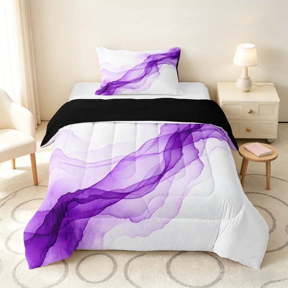 Manfei Watercolor Ink Painting Twin Comforter Sets, Modern Abstract Art Bedding Set, Purple White, Black Reversible 2pcs, 1 Comforter and 1 Pillowcase