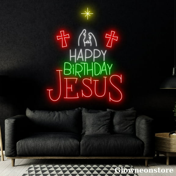Glowneon Happy Birthday Jesus Neon Sign, Happy Birthday Led Sign, Cross Neon Light, Christmas Decor