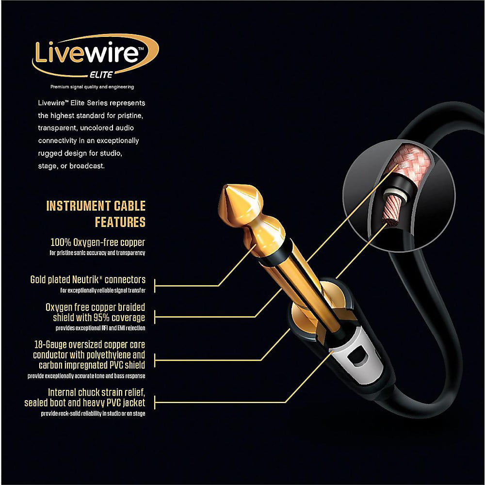 3 ft Livewire Elite 12g Speaker Cable 1/4 in to 1/4 in Black