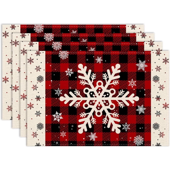 Christmas Placemat Set of 4, 12x18 Inch Red Black Buffalo Plaid Seasonal Winter Snowflake Xmas Merry Christmas Coffee Table Mats for Indoor Outdoor Party Kitchen Dining Table Decoration