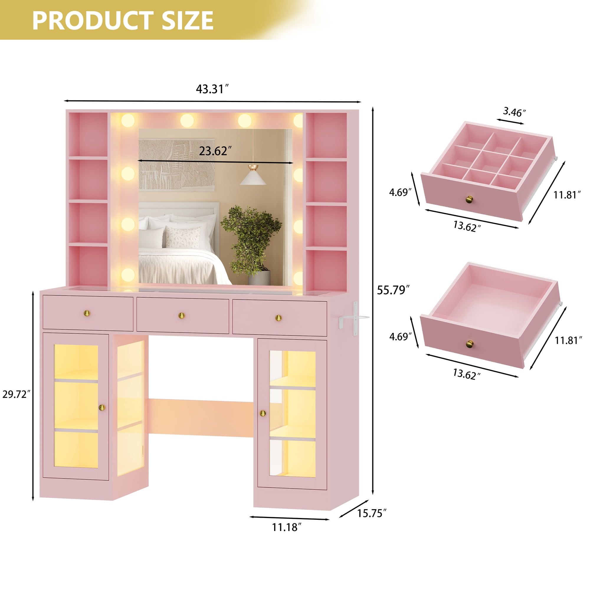 Vanity Desk with Mirror and Lights, Glass Top Vanity with Lighted Mirror & RGB Glass Cabinet and 3 Drawers, Makeup Vanity Desk with Lights Dressing Table for Bedroom, 3 Color Modes