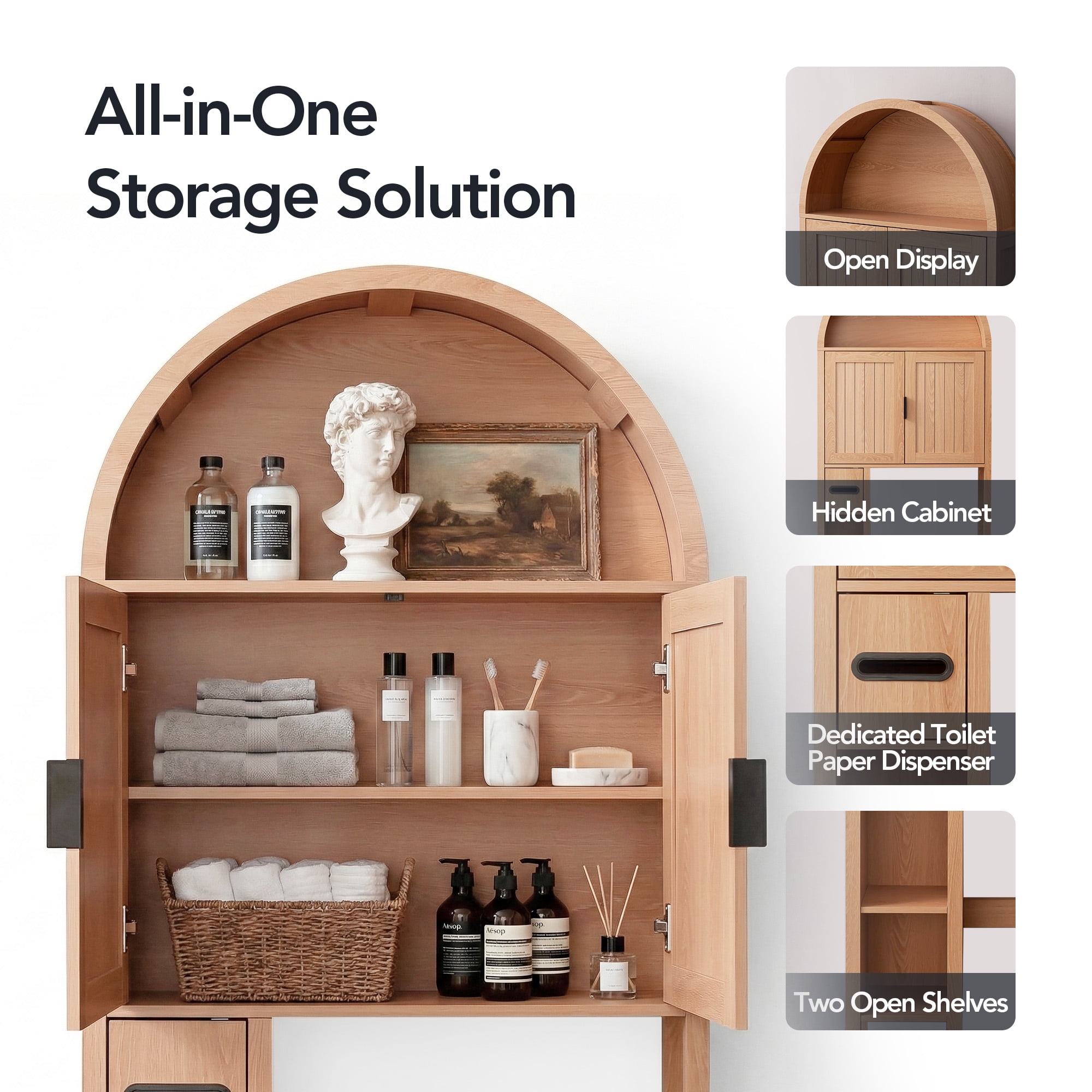 OONNEE 71" Arched Over the Toilet Storage Cabinet with 0.6" Extra-Thick Board, Freestanding Bathroom Organizer with Tissue Holder and Adjustable Shelf, Natural Wood