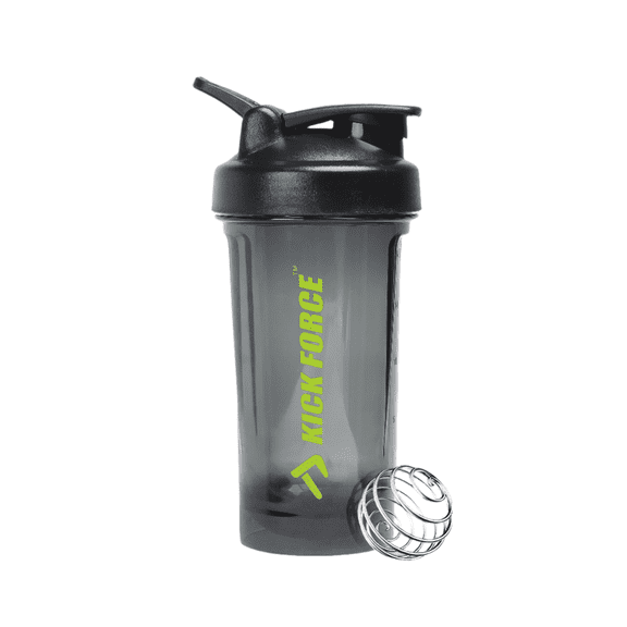 Kick Force Protein Shaker 20oz Black Blender Shaker Bottle Stainless Steel Whisk Ball