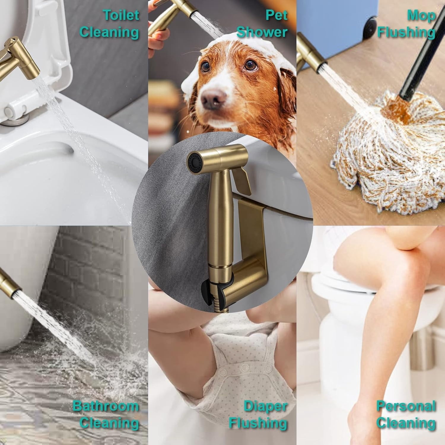 Handheld Bidet Sprayer for Toilet, Stainless Steel Metal Made Baby Cloth Diaper Spraying Kit, Bathroom Toilet Bidet Attachment Set for Bathing Pets and Feminine Hygiene, Brushed Brass Gold
