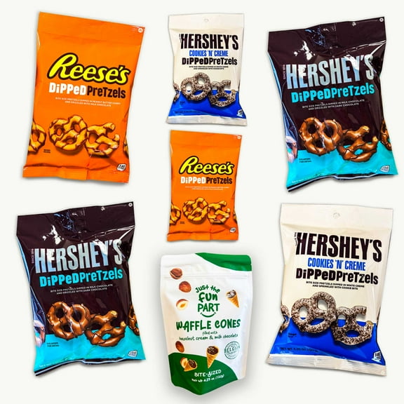 Dipped Pretzels Variety Pack - Reeses (2, 4.25oz) - Milk Dark Chocolate (2, 4.25oz) - Cookies N' Creme (2, 4.25oz) - Hazelnut Bite Sized Waffle Cones (4.23oz) - 7 Items