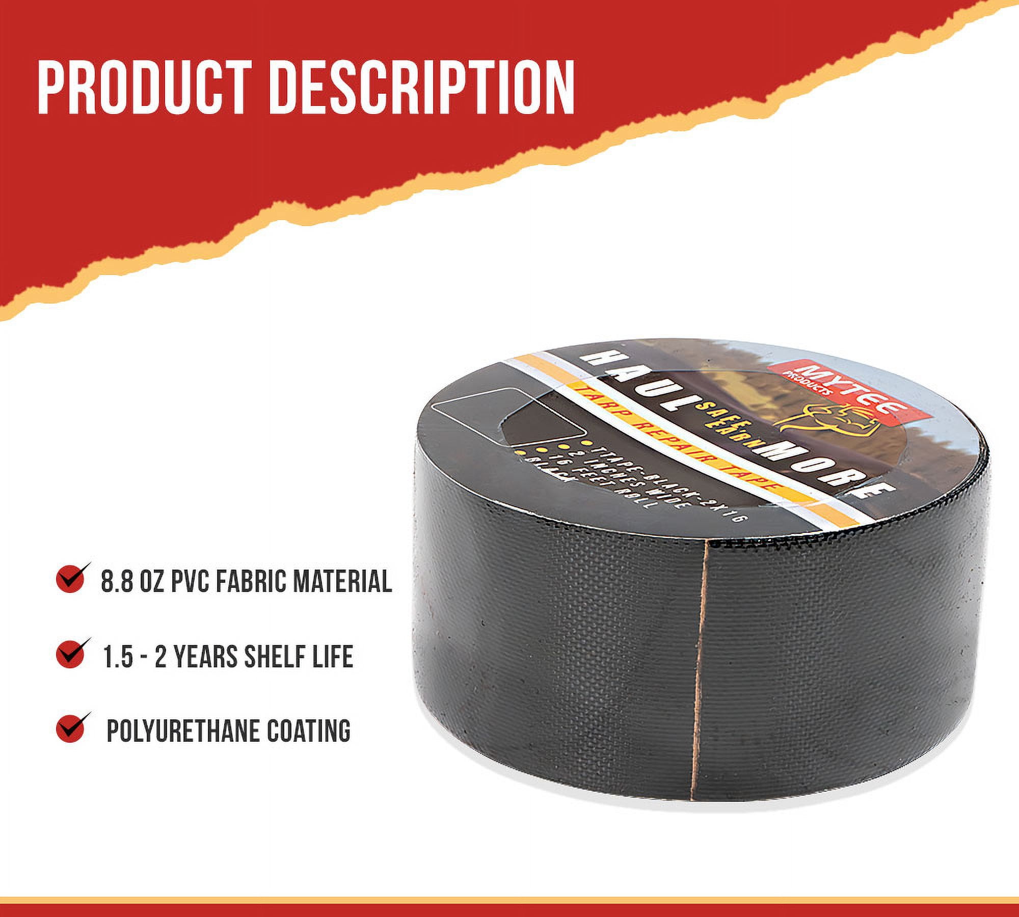 8.8 oz Waterproof Black Vinyl Tarp Repair Tape 2 Inch x 16 FT with Heavy Duty Adhesive Backing - Tarp Patch Kit, Tarp Repair Kit