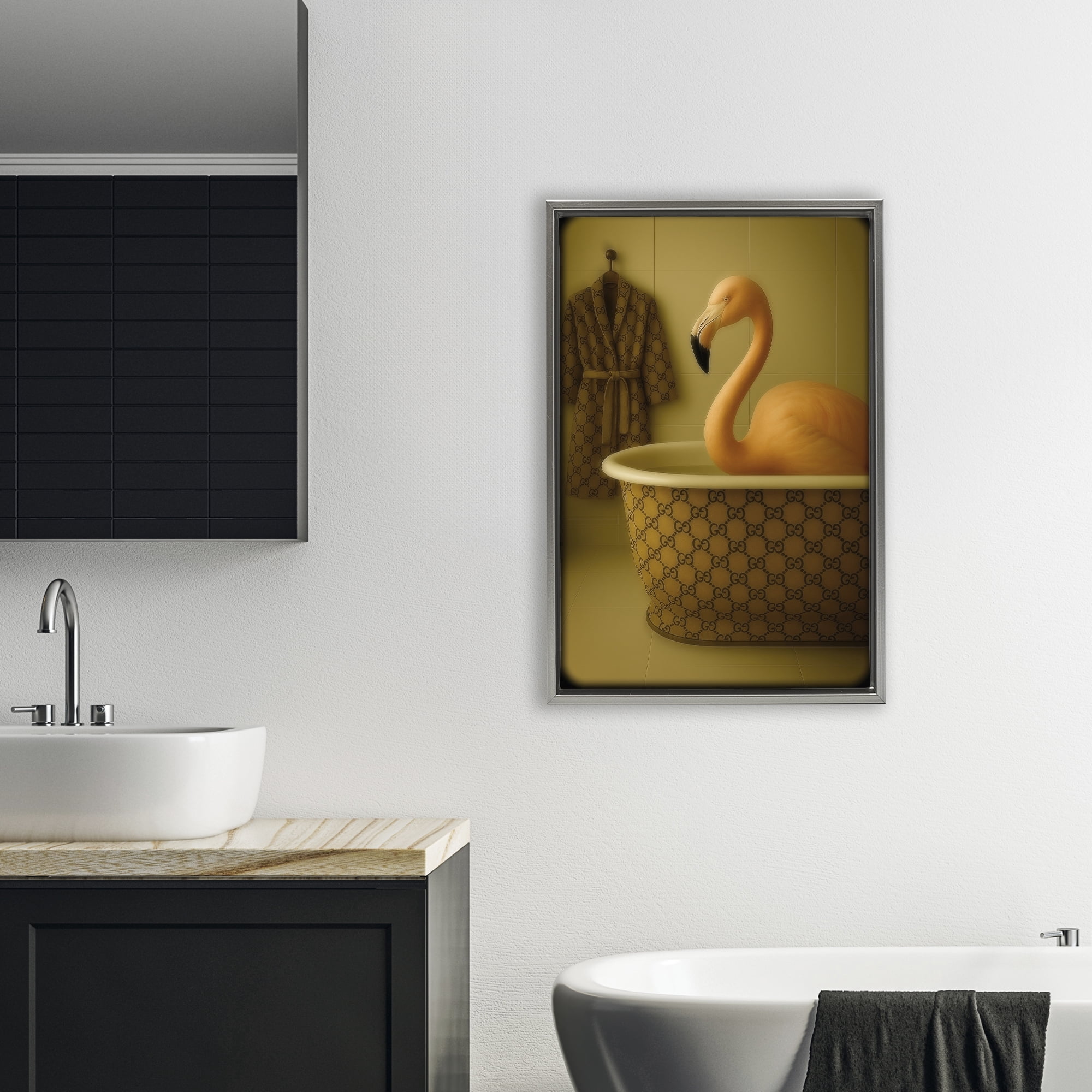 Stupell Industries Couture Flamingo in Luxury Tub Gray Framed Floater Canvas Wall Art, design by Grotto Studios