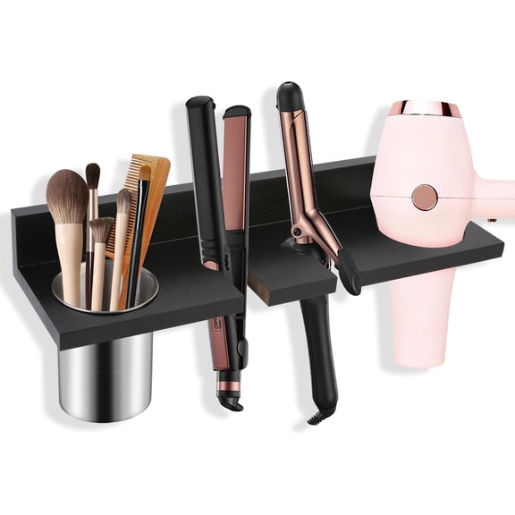Hair Tool Organizer for Bathroom - Wall Mounted Hair Dryer Holder with Heat-Resistant Cups, Curling Iron & Straightener Rack, Blow Dryer Organizer for or Wall (Black)