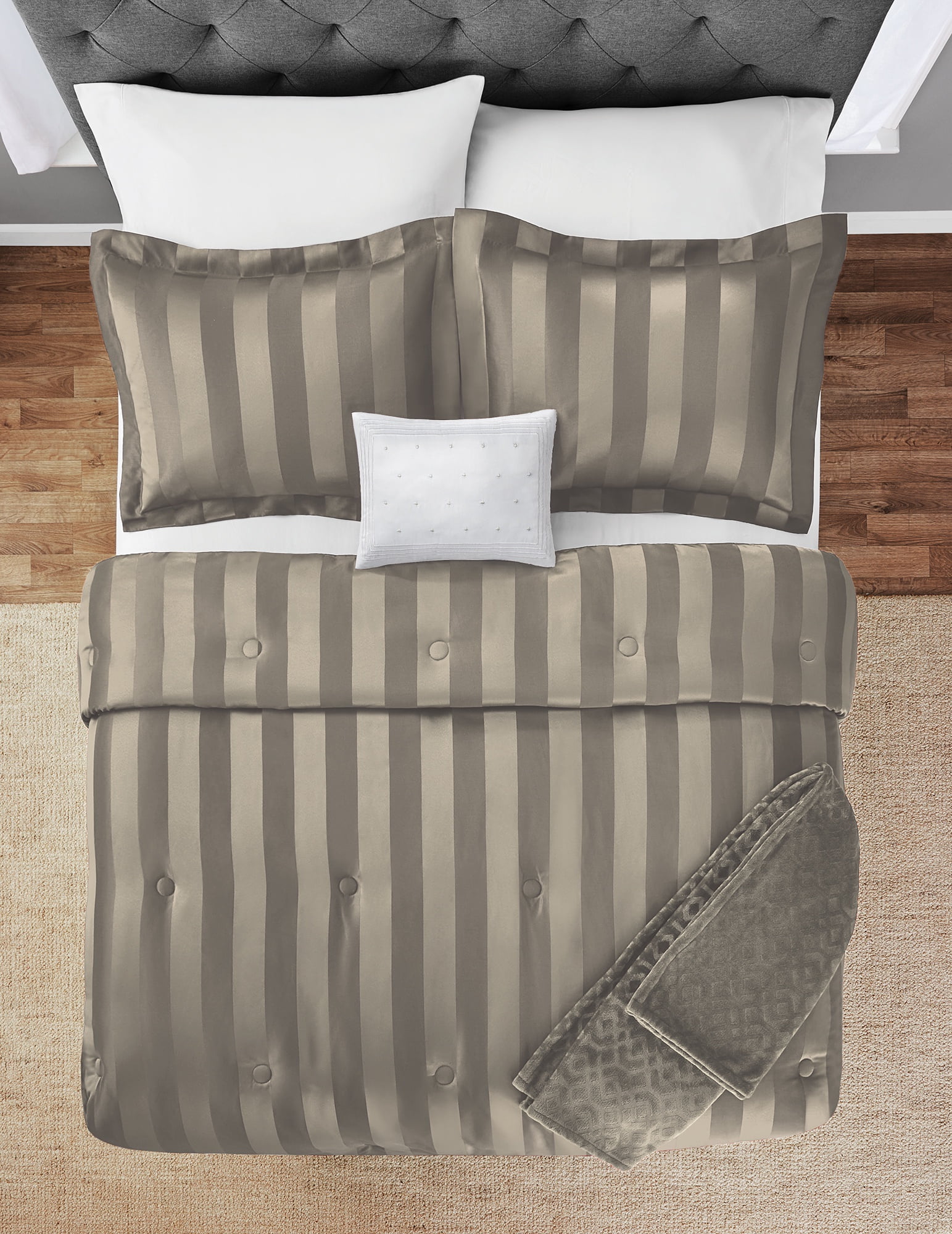 Mainstays 5-Piece Damask Stripe Comforter Set with Throw and Décor Pillow, Full/Queen