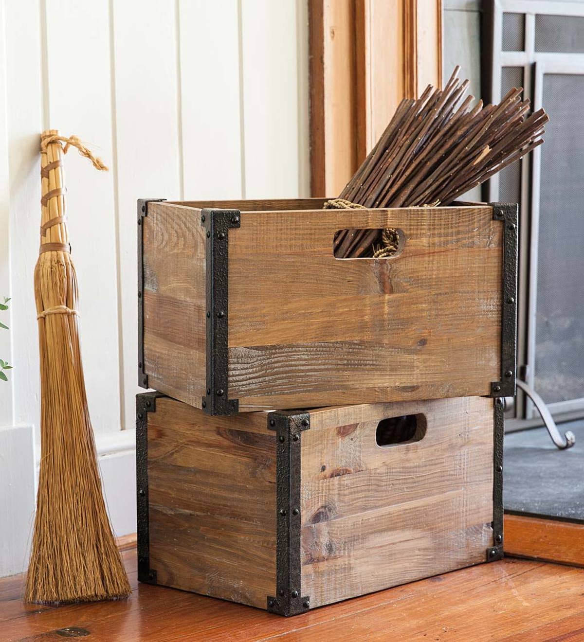 Deep Creek Rustic Wood Storage Crates with BuiltIn Handles & Metal