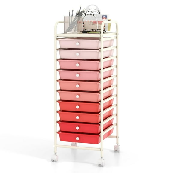10-Drawer Rolling Utility Cart, Flexible Storage Organizer with Removable Dividers, Heavy-Duty Metal Frame & Locking Wheels, Ideal for Home Office Garage, red