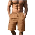 thumbnail image 2 of Mens Casual Shorts Solid Color Drawstring Elastic Waist Straight Leg Linen Cargo Shorts Summer Vacation Beach Shorts with Pockets, 2 of 7