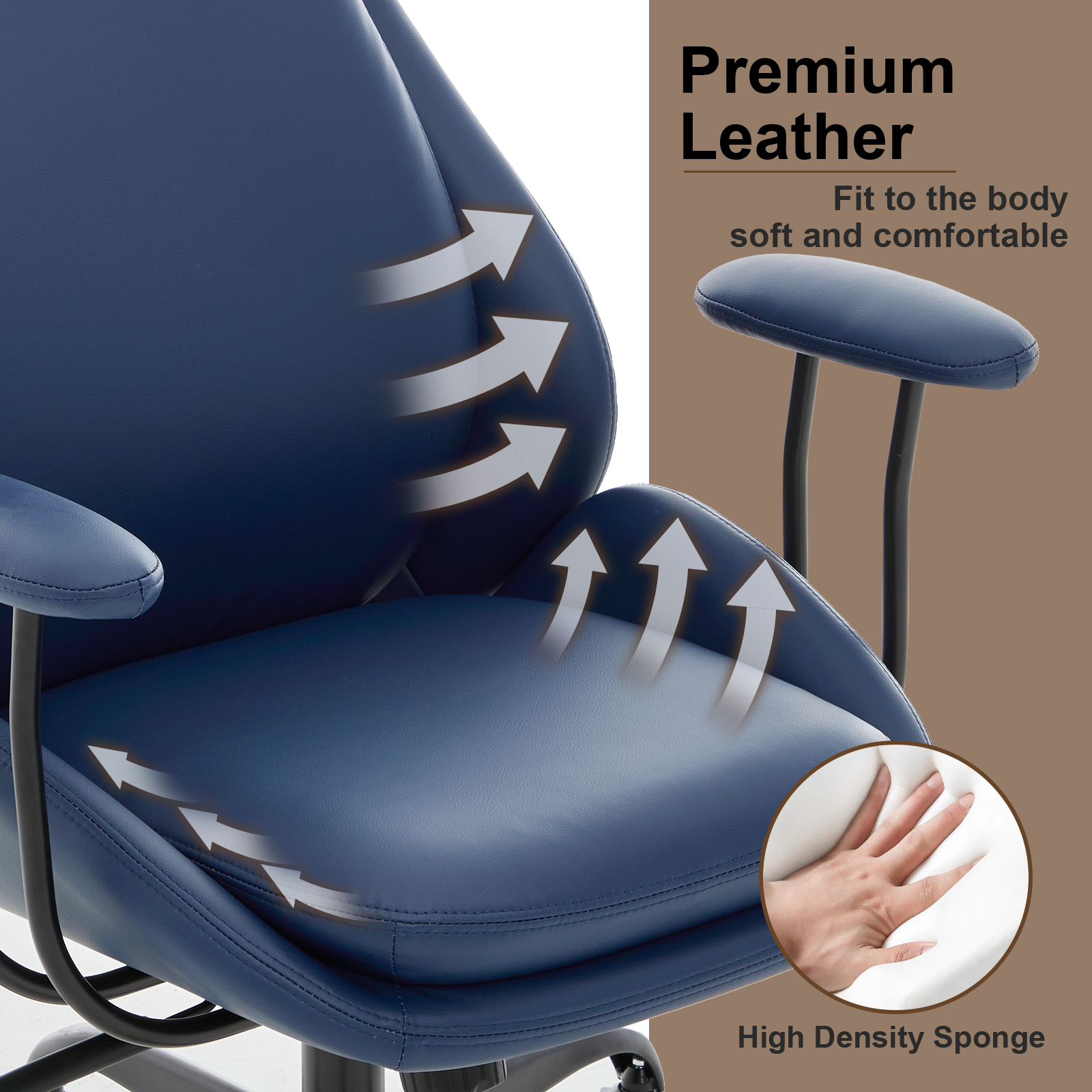 E-Motie Home Office Desk Chair, Ergonomic Computer Chair with Lumbar Support and Head Support, High Back Office Chair with Armrests, Adjustable Height, Rubber Casters, Blue Leather