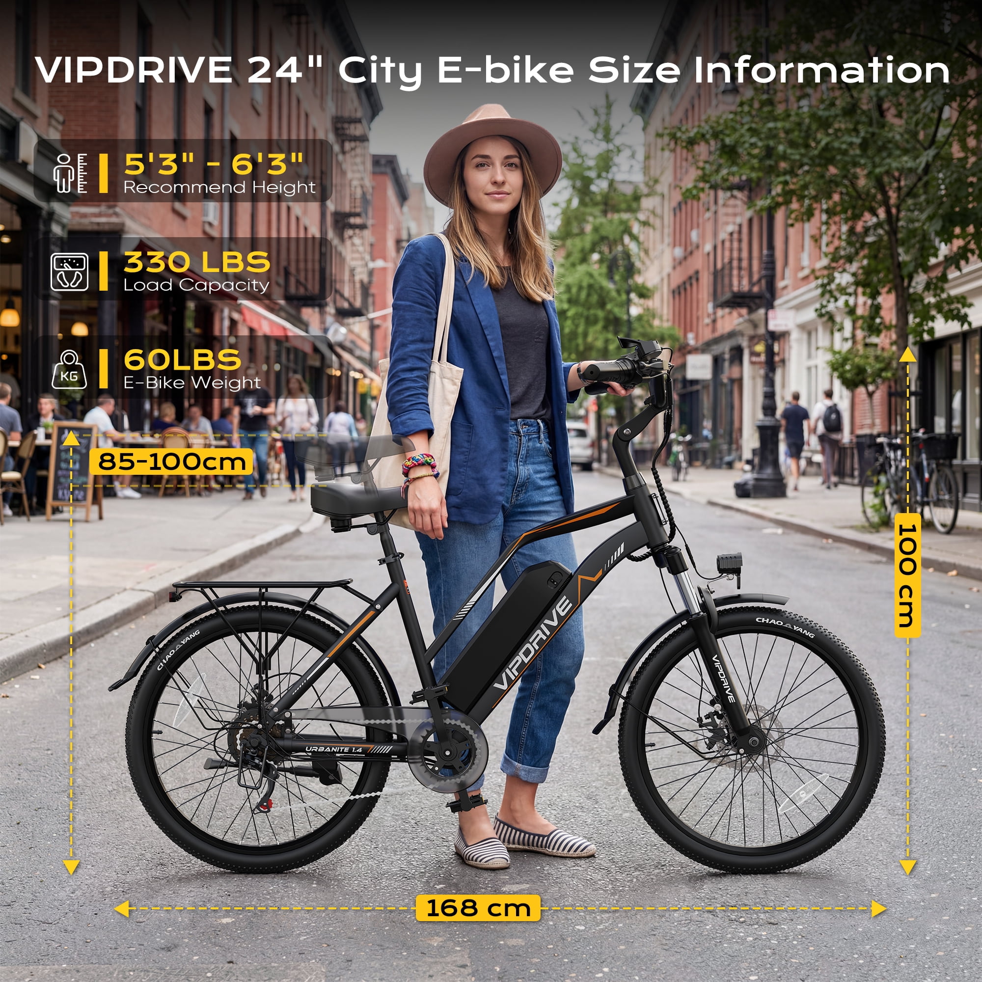 VIPDRIVE Electric Bike - 24'' Adult E Bike, Peak 750W 20MPH City Cruiser E-Bike with 48V7.8AH Removable Battery with Fork Suspension and Dual Disc Brakes（UL2849)